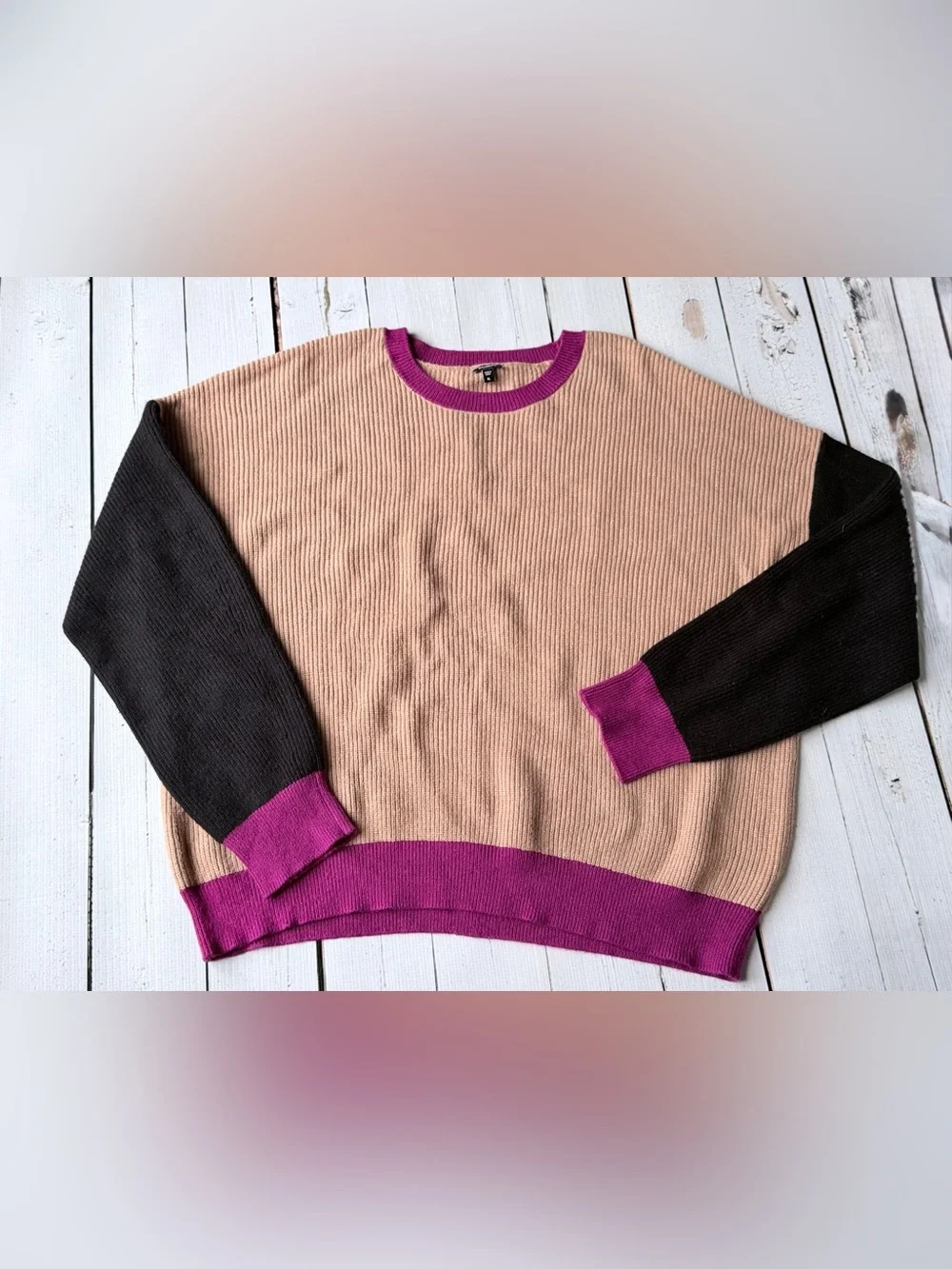 Express Colorblock Crewneck Sweater in Beige, Black & Magenta